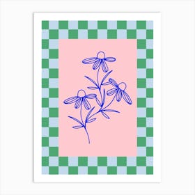 Modern Checkered Flower Poster Blue & Pink 10 Art Print