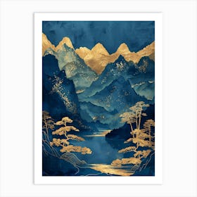 Asian Landscape In Blue And Gold Art Print