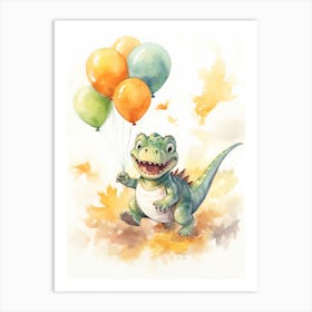 Dinosaur T Rex Flying With Autumn Fall Pumpkins And Balloons Watercolour Nursery 2 Art Print