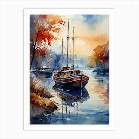 Watercolor Of A Boat On The River Art Print