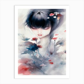 Girl And Flowers Art Print