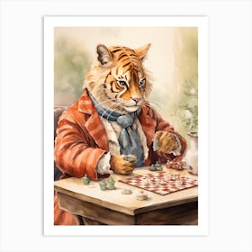 Tiger Illustration Playing Chess Watercolour 4 Art Print