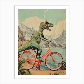 Dinosaur Riding A Bike Retro Collage Art Print