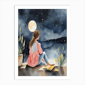 Girl At The Moon Art Print