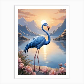 Floral Blue Flamingo Painting (31) Art Print