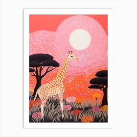 Giraffe In The Nature With Trees Pink 2 Art Print