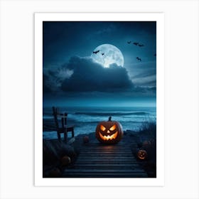 Halloween Themed Coastal Landscape During Dusk Featuring A Jack O Lantern With A Glowing Eye Perched 2 1 Art Print