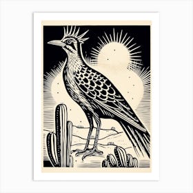 B&W Bird Linocut Roadrunner 1 Art Print