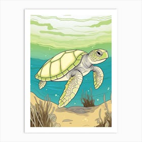 Simple Green And Aqua Linework Turtle Illustration Art Print