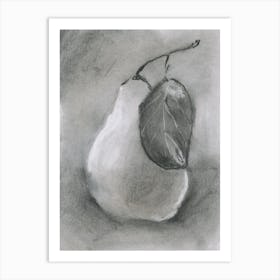 Pear And Leaf Charcoal Drawing hand drawn grey gray vertical food still life kitchen art  Art Print