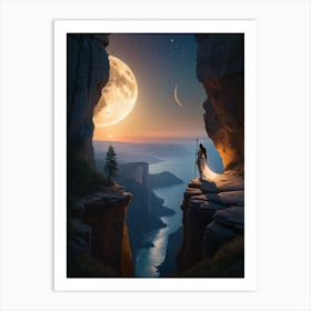 Warrior woman standing on a cliff, below the moon Art Print