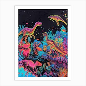 Neon Dinosaurs Underwater Art Print