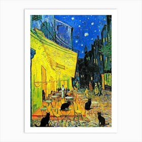 Café Cats at Night - Vincent Van Gogh Café Terrace at Night 1888 Funny Black Cats Famous Art Kitsch Vintage Art With Added Black Cat in HD Art Print