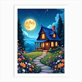 A Beautiful Wooden House Moon Night Landscape V 03 Art Print