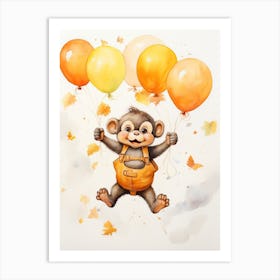 Monkey Flying With Autumn Fall Pumpkins And Balloons Watercolour Nursery 1 Art Print