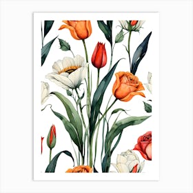 Seamless Pattern With Orange And White Flowers Art Print