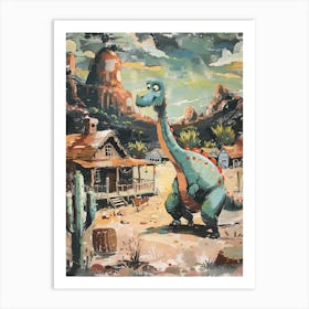 Dinosaur In A Western Town Lllustration 2 Art Print