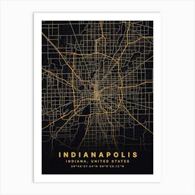 Indianapolis Indiana USA Black And Gold Map Art Print