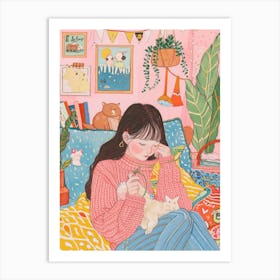 Girl Knitting Lo Fi Kawaii Illustration 2 Art Print