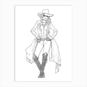 Line Art Cowgirl Illustration 2 Art Print