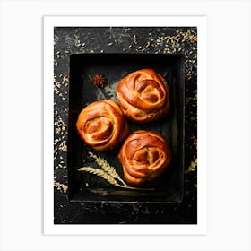 Buns, Freshly baked sweet homemade buns — Food kitchen poster/blackboard, photo art Art Print