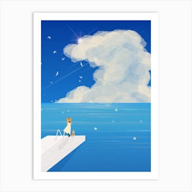 Minimal art Illustration Of A Woman Standing On A Dock at the beach Art Print