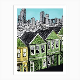 Painted Ladies San Francisco Linocut Illustration Style 4 Art Print