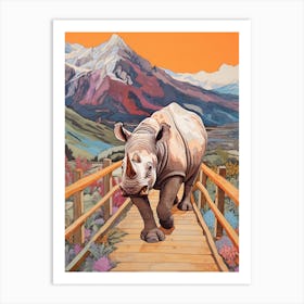 Rhino Crossing A Wooden Bridge With Mountain In The Background 1 Art Print