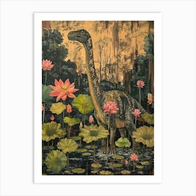 Dinosaur With Lotus Flowers Painting 2 Art Print