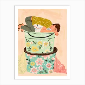 Illustration Of A Man Sleeping On A Pile Of Laundry Art Print