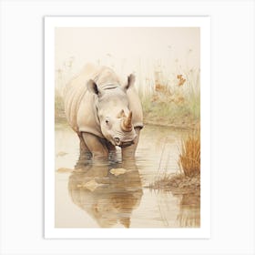 Vintage Illustration Of A Rhino In The Lake  2 Art Print