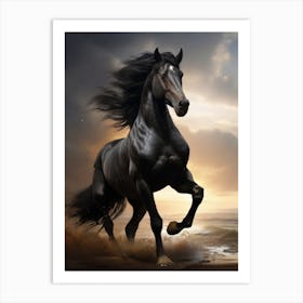 Black Horse Running On The Beach 1 Art Print