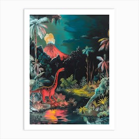 Dinosaur & The Volcano Painting 2 Art Print