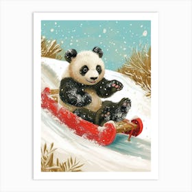 Giant Panda Cub Sledding Down A Snowy Hill Storybook Illustration 1 Art Print