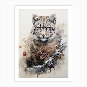 Snow Leopard, Japanese Brush Painting, Ukiyo E, Minimal 1 Art Print
