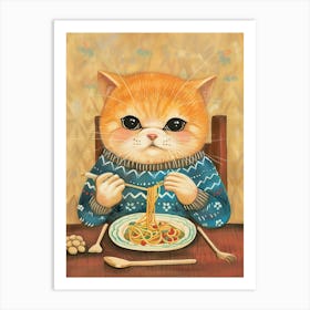 Tan Cat Pasta Lover Folk Illustration 3 Art Print