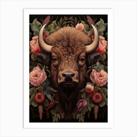 American Bison With Rustic Flowers 2 Art Print