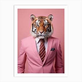 Preppy tiger in pink background Art Print