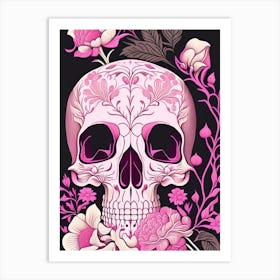 Skull With Floral Patterns 2 Pink Line Drawing Art Print