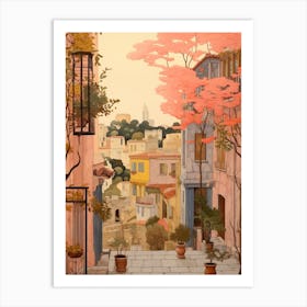 Athens Greece 3 Vintage Pink Travel Illustration Art Print