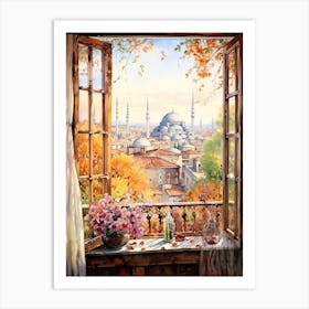 Window View Of Istanbul Turkey In Autumn Fall, Watercolour 4 Art Print