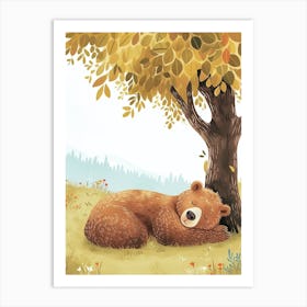 Brown Bear Laying Under A Tree Storybook Illustration 4 Art Print