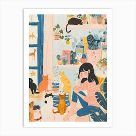 Girl Cat Lover Lo Fi Kawaii Illustration 6 Art Print