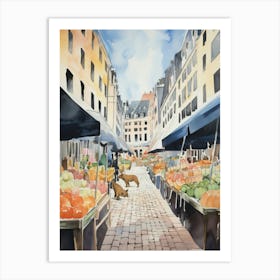 Food Market With Cats In Vienna 4 Watercolour Art Print