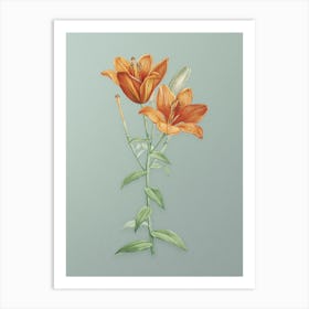 Vintage Orange Bulbous Lily Botanical Art on Mint Green Art Print