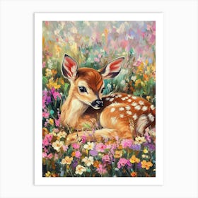 Oil Painting Of Young Deer In Wild Landscape With Spring Or Summer Colorful Flowers Art Print