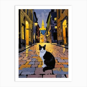 Cat On The Cobblestone Street Art Print