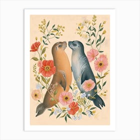 Folksy Floral Animal Drawing Seal 1 Art Print