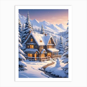 Colorful Cabin In The Snow Art Print