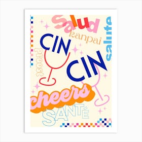 Happy Hours - retro Typographic  Cheers Celebrate in all languages with colourful checks Art Print